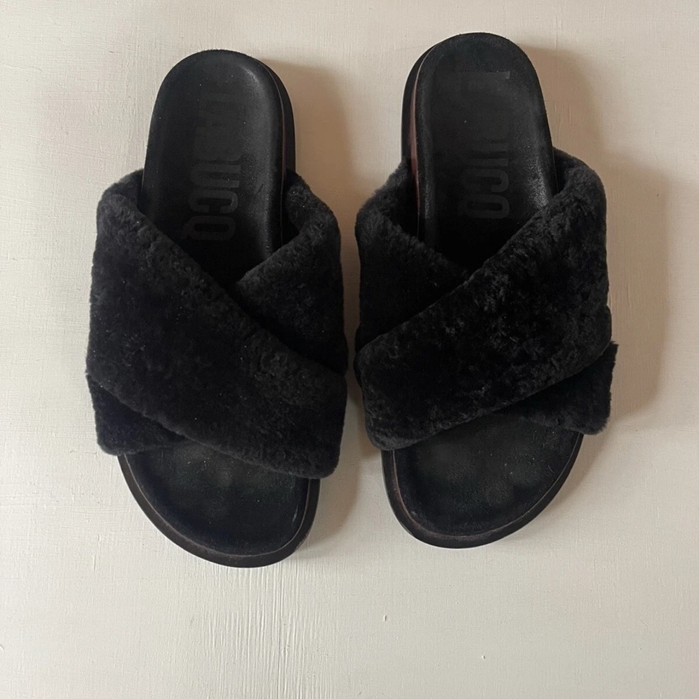 LABUCQ MO Slides Sandal Women's Sz 40 Leather Black Genuine Shearling Italy